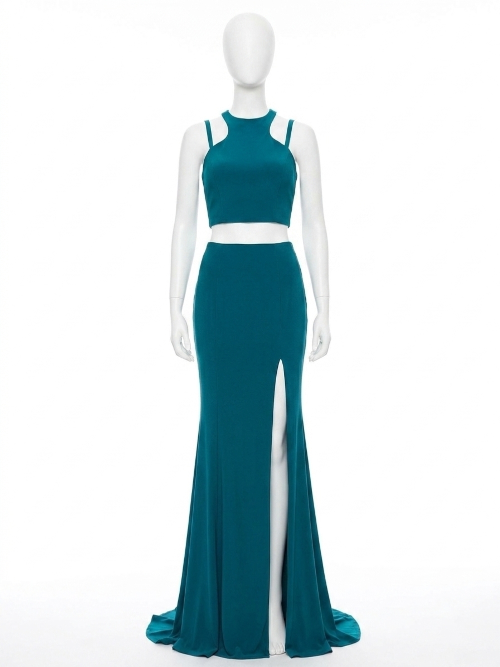 NEW CLARISSE two-piece jersey high slit evening gown in forest green